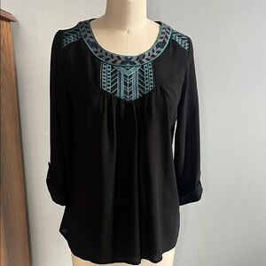 Skies Are Blue Black Top with Blue Embroidery